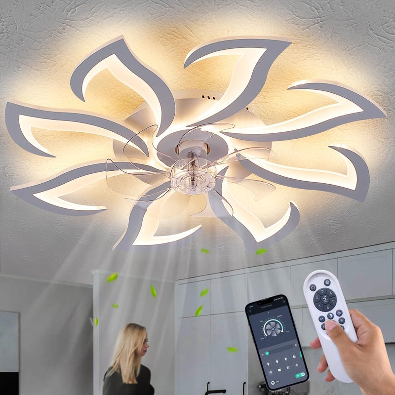 Dalouguan مروحة سقف عصرية مع أضواء تحكم عن بعد، 32" بيضاء 6 سرعات 3 ألوان ضوء تصميم منخفض للتركيب على السقف للمطبخ وغرفة النوم - Image 1